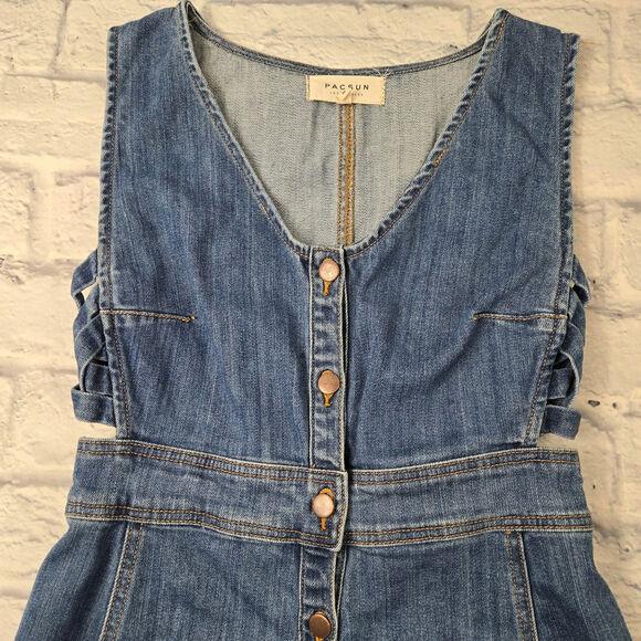 Pacsun Denim Cutout Dress Button Front Raw Hem size Small - Picture 7 of 16